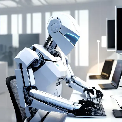 Prompt: an human robot sitting on a chair in a room and working on a computer in white color and it is day time.