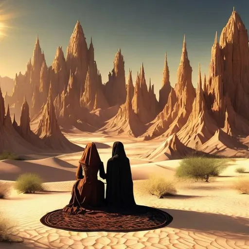 Prompt: a fantasy gothic art desert setting with an orthodox looking couple sitting near an oasis with huge mountainous sandy valleys in background.