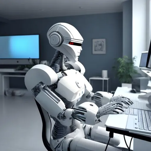 Prompt: an human robot sitting on a chair in a room and working on a computer in white color and it is day time.
