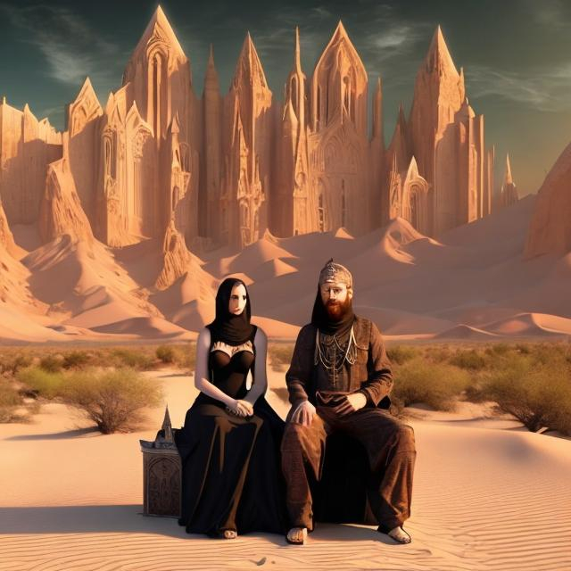 Prompt: a fantasy gothic art desert setting with an orthodox looking couple sitting near an oasis with huge mountainous sandy valleys in background.