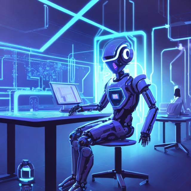 Prompt: an humanoid futuristic robot sitting on a chair in a room and working on a super holographic computer controlling the entire neutral network of all technology on planet , gothic art painting
