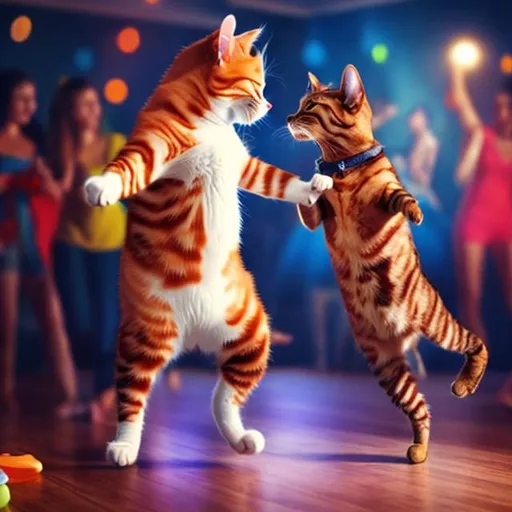 Prompt: a cat dancing with dog in party
