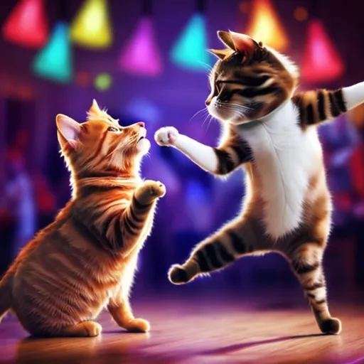 Prompt: a cat dancing with dog in party
