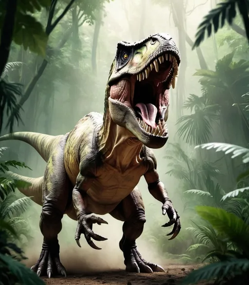 Prompt: A powerful T-Rex roaring in a prehistoric jungle