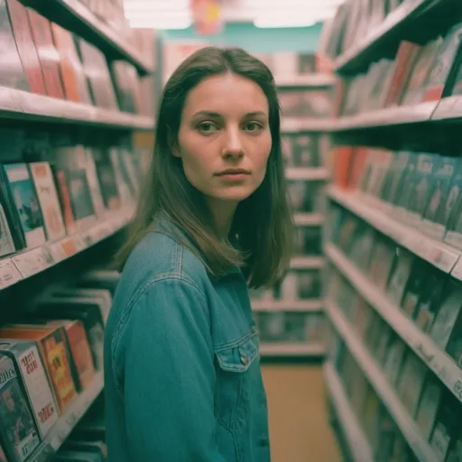 Prompt: Analog film photography still, portrait of a woman in a VHS store, grainy fujifilm film, anaglyph effect