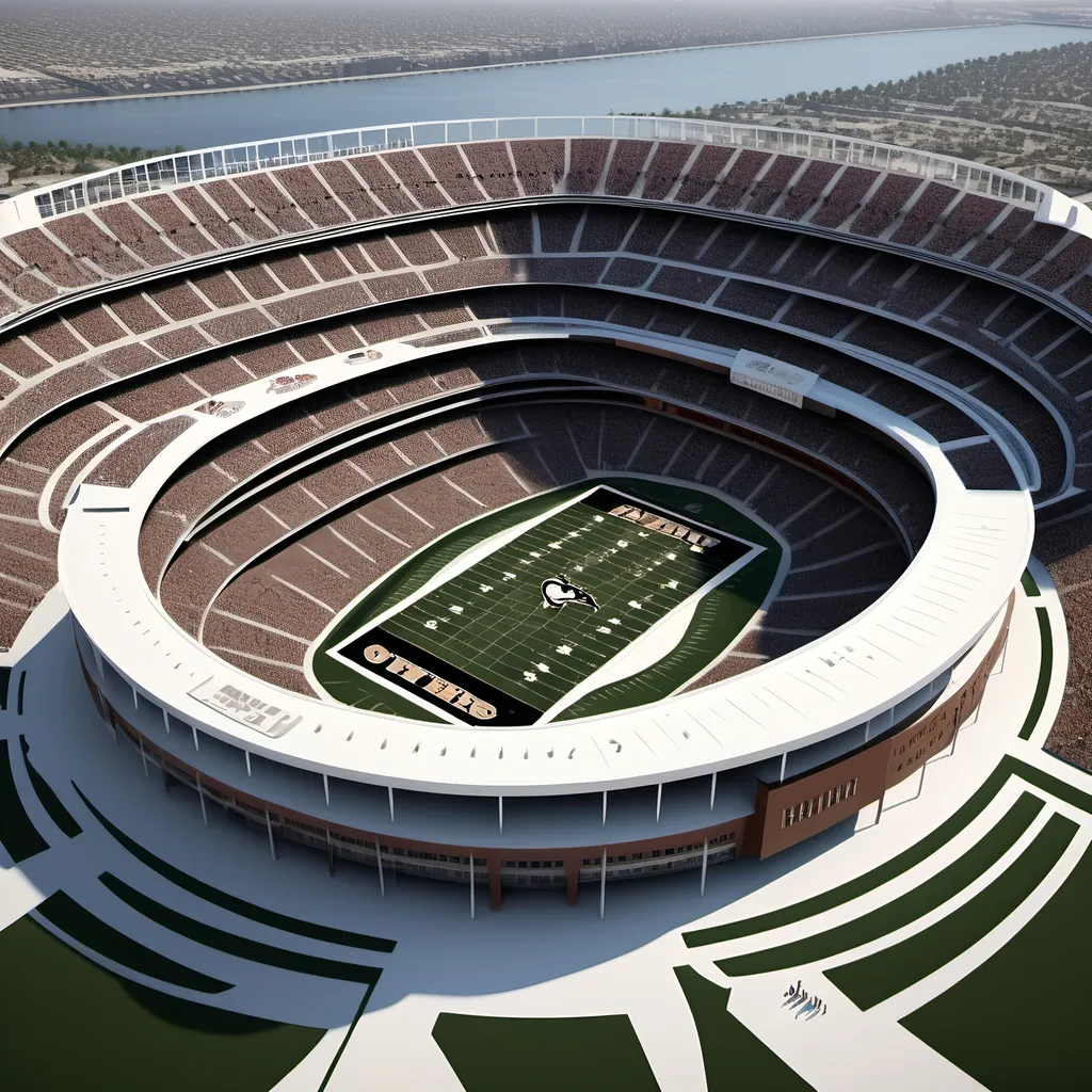 Prompt: opened nfl football stadium that’s built like a horseshoe and the color of the stadium should be dark bay , brown and black