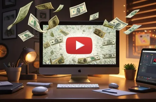 Prompt: (photorealistic) vibrant scene depicting a computer screen showcasing a YouTube video, engaging visuals of money symbols floating around, detailed workspace with notes and digital devices, warm lighting for a cozy atmosphere, full of excitement and imagination, modern vibe, high quality, ultra-detailed, illustrating the dynamic essence of online money-making.