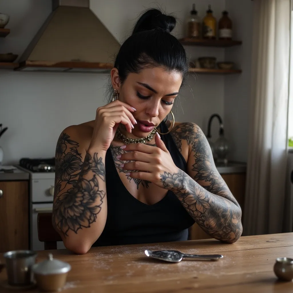 Prompt: Heavily tattooed woman drinking mate in the kitchen