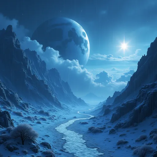Prompt: A breathtaking celestial landscape, showcasing a massive planet in the sky with intricate cloud formations surrounding it. The mountainous terrain is covered in a thick layer of rain, reflecting the cool blue hue of the scene. In the foreground, a winding path leads through the frosty environment, while a bright star on the right casts ethereal light across the landscape. The time appears to be midnight, enhancing the mood of enchantment with an emphasis on an otherworldly atmosphere.