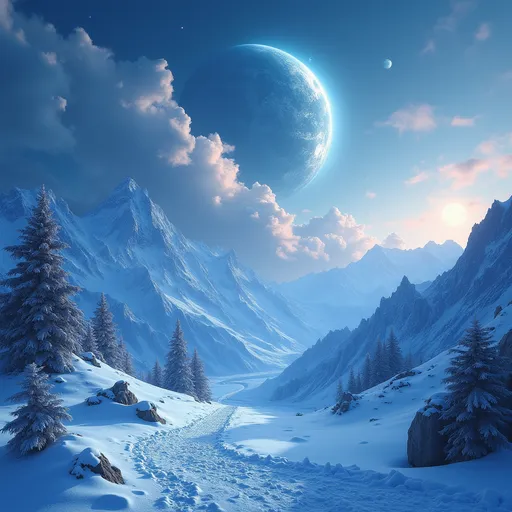 Prompt: A breathtaking celestial landscape, showcasing a massive planet in the sky with intricate cloud formations surrounding it. The mountainous terrain is covered in a thick layer of snow, reflecting the cool blue hue of the scene. In the foreground, a winding path leads through the frosty environment, while a bright star on the right casts ethereal light across the landscape. The time appears to be twilight, enhancing the mood of enchantment with an emphasis on an otherworldly atmosphere.