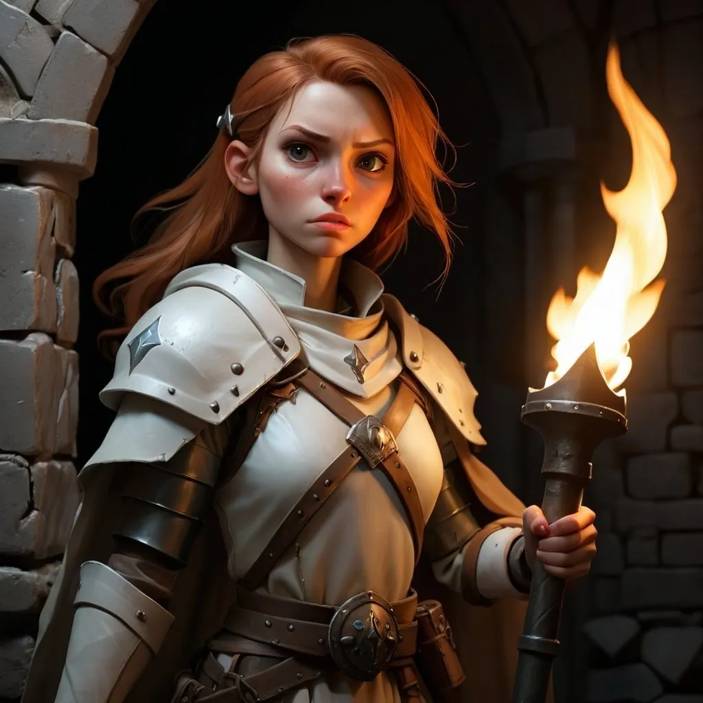 Prompt: Female Human Cleric in a bleak dungeon, carrying torch and holding shield 