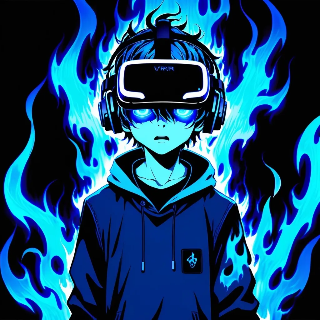 Prompt: Dark J-horror anime illustration of a boy wearing a VR headset, surrounded by eerie blue flames, intense and fearful expression, detailed eyes with a haunted look, 2D art style, intense atmospheric lighting, highres, anime, J-horror, VR headset, blue flames, detailed eyes, eerie, fearful, intense expression, gamer, atmospheric lighting