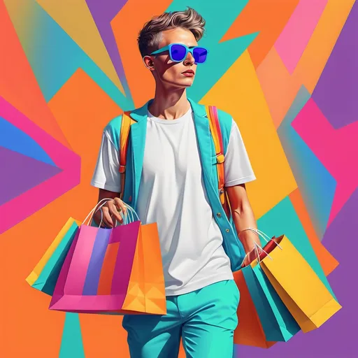 Prompt: a person with non-gender in bright clothes pants and t-shirt and sunglasses carrying shopping bags with a colorful background wich is minimalistic, Artur Tarnowski, maximalism, abstract ipad drawing, highly detailed digital painting, a digital rendering