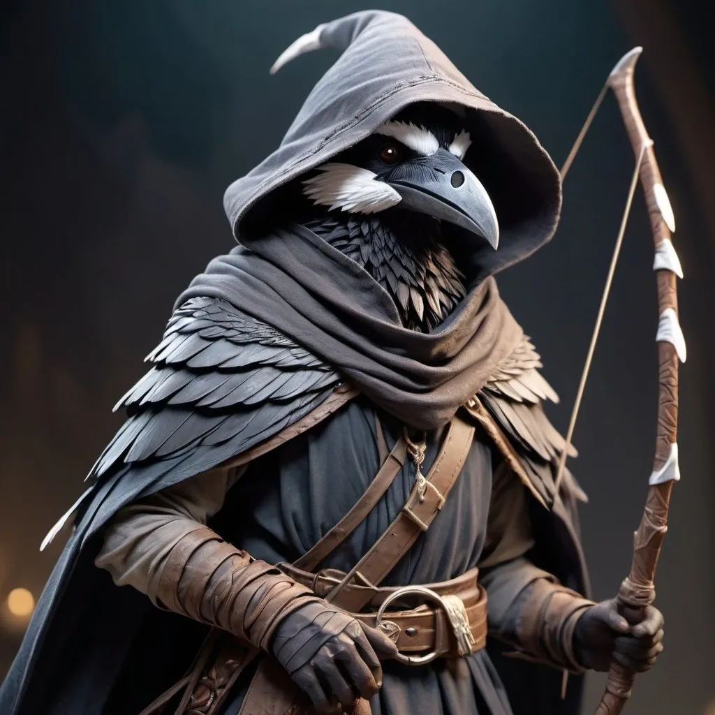 Prompt: Male Kenku ranger with epic bow, detailed facial features, detailed wings with dark gray white-tipped feathers, small stature, dreamy look, magical, mystical, ethereal lighting, family heirloom ring, 4k, ultra-detailed, fantasy, warm tones, detailed eyes, DnD 5e, professional, atmospheric lighting