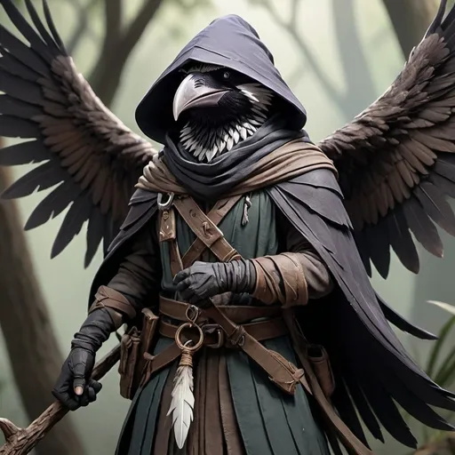 Prompt: Male Ranger Kenku, Epic Bow, 4k, ultra-detailed, fantasy, warm tones, ethereal lighting, detailed facial features, magical, mystical, detailed wings, small stature,Dark Gray White Tipped Feathers, Dreamy look, Kenku, Ranger, DnD 5e, Family Heirloom Ring