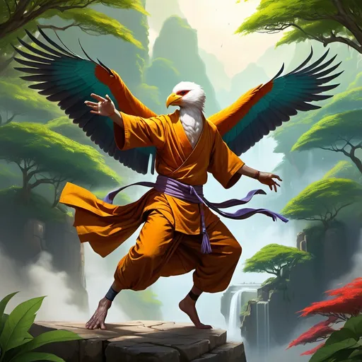 Prompt: (Aarakocra Monk in an epic pose), DND, 5E, fantasy setting, serene environment, birds soaring in the sky, lush greenery surrounding, tranquil light filtering through, vibrant colors, high detail, ultra-detailed, sense of harmony, mystical aura, dynamic and captivating, blending martial arts with the power of nature, inspiring calmness and strength.