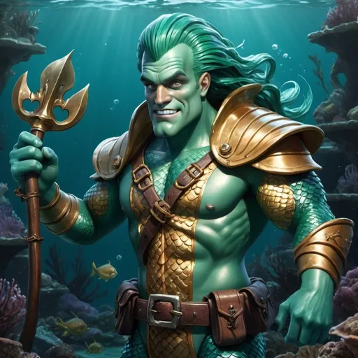 Prompt: Simic Hybrid mermaid man, DND 5e race, Paladin, fighter, pirate, dumb expression, underwater environment, detailed scales and fins, high-quality, realistic digital art, fantasy, aquatic tones, dramatic lighting, intricate armor details, seaweed accessories, silly dumb atmosphere