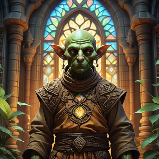 Prompt: Epic DnD scene, a (detailed) depiction of a Goblin Monk-Rogue, intricate patterns on clothing, set within a majestic temple, soft atmospheric light filtering through stained glass windows, serene yet powerful expression, (vibrant color palette), surrounded by ancient artifacts, lush foliage creeping inside, (4K, ultra-detailed), capturing the captivating essence of DnD fantasy adventure.