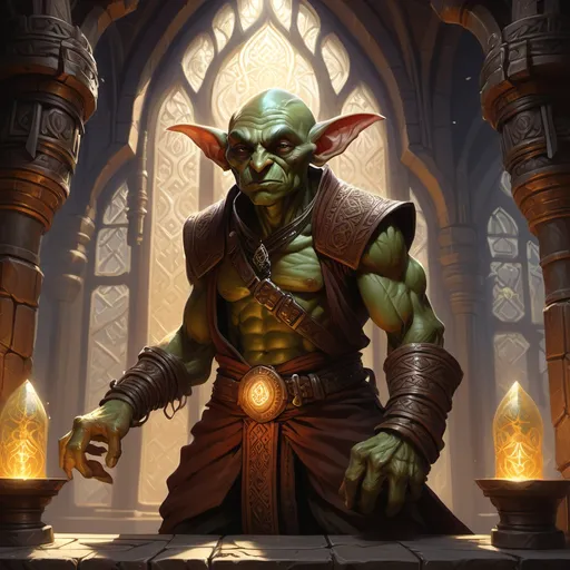 Prompt: DnD, 5E, Goblin, Monk, Rogue, Epic, Detailed, (detailed depiction), intricate patterns, setting is a Majestic temple, atmospheric light filtering through windows, serene yet powerful expression, (vibrant color palette), (4K, ultra-detailed), capturing the essence of DnD fantasy, heroic and dynamic mood.