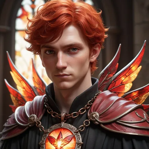 Prompt: Male Fairy cleric with red hair, eyes as red as magma, translucent stained glass wings, mini anvil emblem necklace, 4k, ultra-detailed, fantasy, warm tones, ethereal lighting, detailed facial features, magical, mystical, detailed wings, small stature, red hair, Dreamy look, fairy, cleric