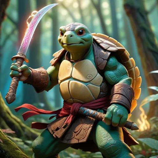 Prompt: tortle monk wielding epic scimitar, (detailed depiction), intricate patterns, setting is a mystical forest clearing, atmospheric light filtering through trees, serene yet powerful expression, swirling energy surrounding the scimitar, (vibrant color palette), (4K, ultra-detailed), capturing the essence of DnD fantasy, heroic and dynamic mood.