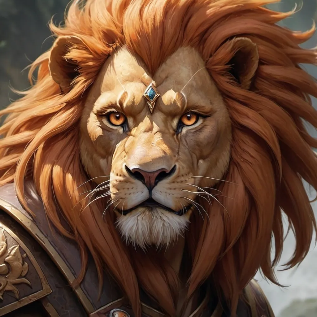 Prompt: Lion, Humanoid, DnD, 5e, Detailed face, Orange Brown Mane, Fierce, detailed features, Leonin