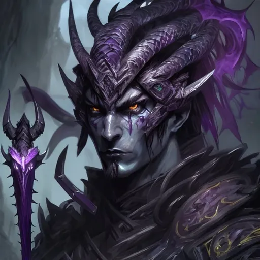 Prompt: Hexblade warrior, yuan-ti race, half snake half human, male, DnD 5e, dark purple and blue scales, amethyst sickle, detailed scales, mythical fantasy, highres, intense gaze, sinister aura, magical amethyst weapon, fantasy, detailed facial features, dramatic lighting, fantasy art, snake-like scales, sinister, mystical,