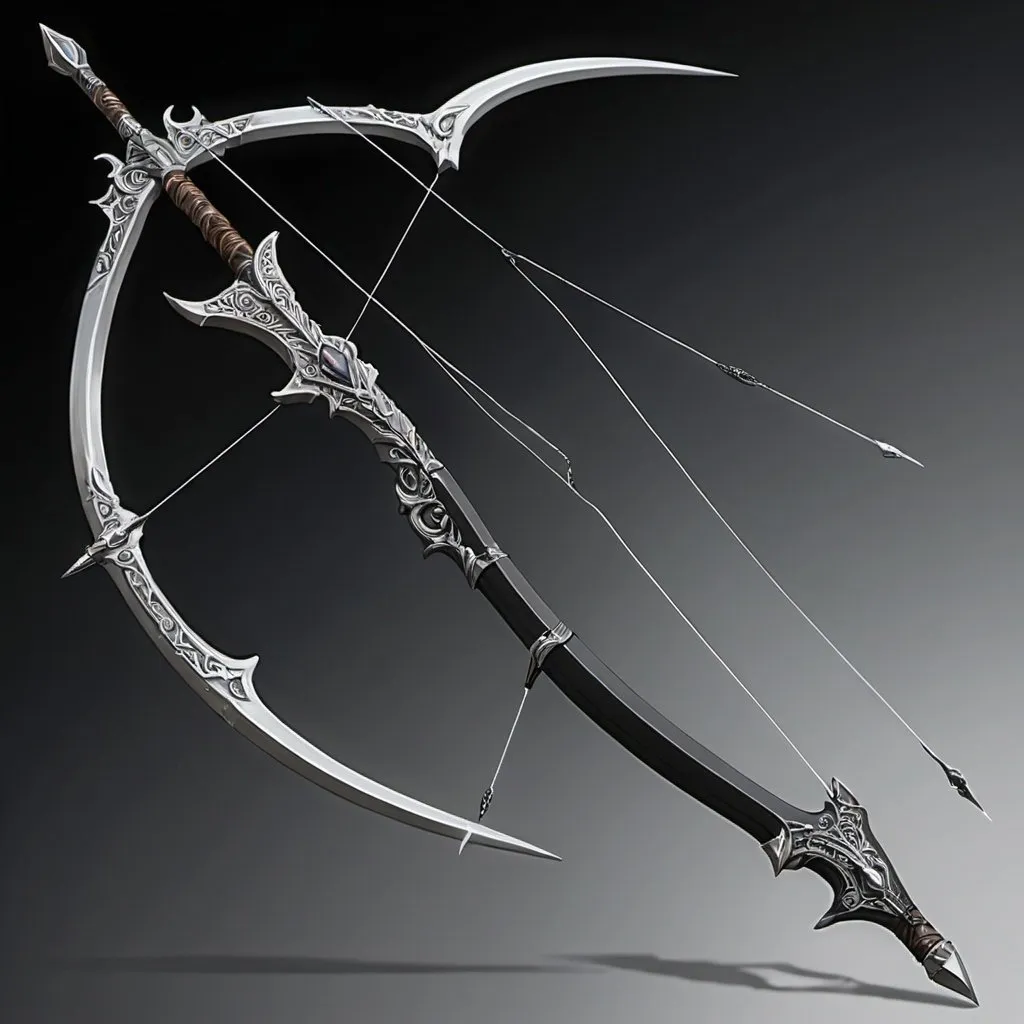 Prompt: Black, Silver, DnD, 5e, Moonbow, Epic Bow, Fantasy Longbow, Magical Longbow, Detailed Item Features