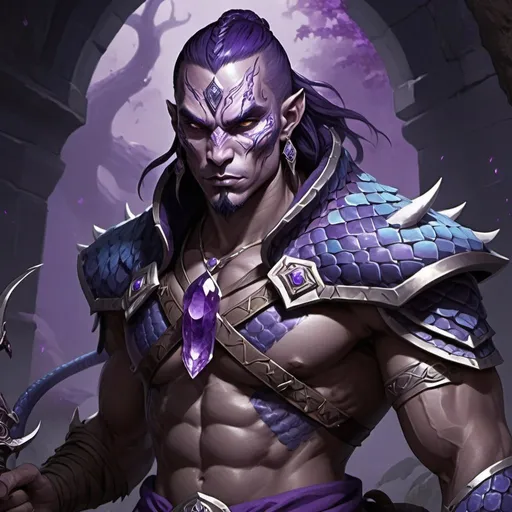 Prompt: Hexblade warrior, yuan-ti race, half snake half human, male, DnD 5e, dark purple and blue scales, amethyst sickle, detailed scales, mythical fantasy, highres, intense gaze, sinister aura, magical amethyst weapon, fantasy, detailed facial features, dramatic lighting, fantasy art, snake-like scales, mystical,