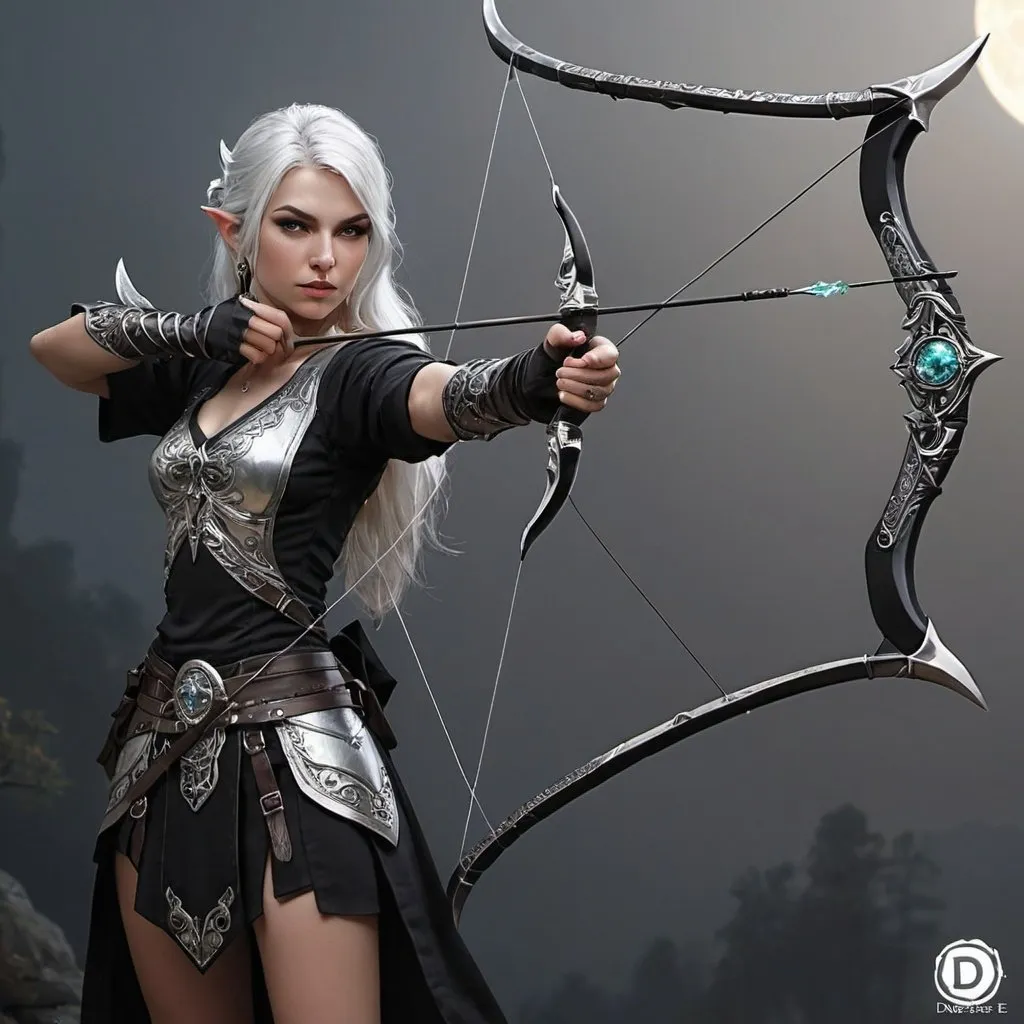 Prompt: Black Silver Moon Bow, DnD, 5e, Epic Bow, Fantasy Longbow, Magical Longbow, Detailed Features