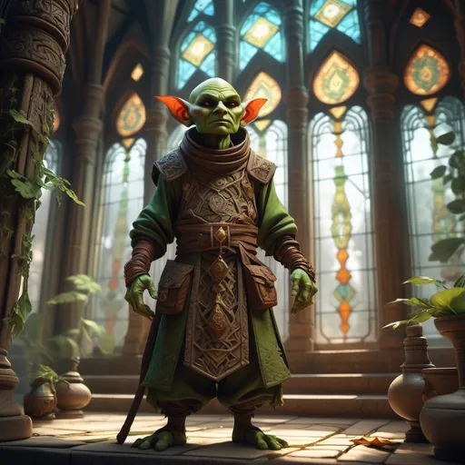 Prompt: Epic DnD scene, a (detailed) depiction of a Goblin Monk-Rogue, intricate patterns on clothing, set within a majestic temple, soft atmospheric light filtering through stained glass windows, serene yet powerful expression, (vibrant color palette), surrounded by ancient artifacts, lush foliage creeping inside, (4K, ultra-detailed), capturing the captivating essence of DnD fantasy adventure.