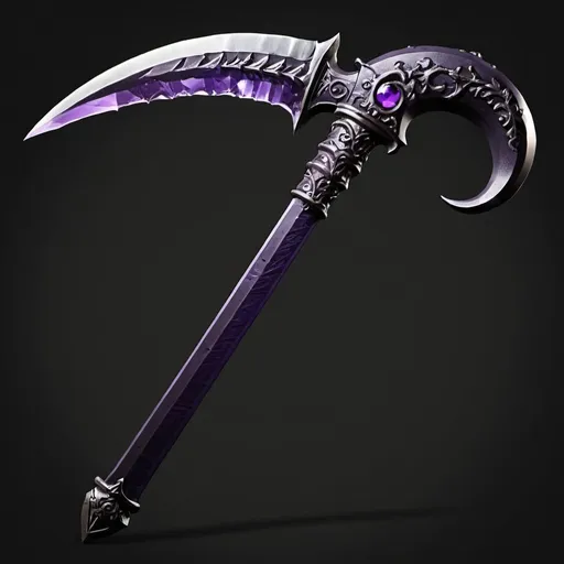 Prompt: Detailed SIckle, Fantasy weapon, DnD, 5e, Dark black handle, Dark Amethyst Blade, Sinister, Detailed