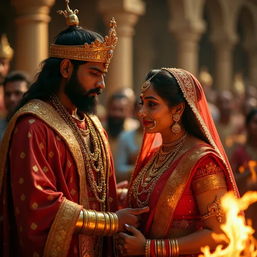 Prompt: Royal wedding in an ancient Indian palace. King Yayati, a noble man with golden crown, stands beside Devyani in red bridal dress. Sacred fire, priests chanting, traditional Indian wedding ambiance. Emotional faces, detailed ancient decor.

