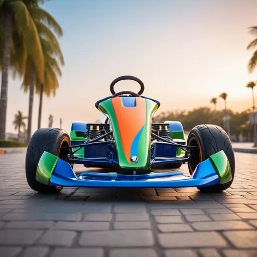 Prompt: orange, green, blue body fancy kart parked, realistic photo, low angle, high quality, realistic, front view, detailed design, vibrant colors, professional lighting, shiny finish, luxury vibes, outdoor setting, detailed textures, vibrant and rich colors, taken right in front 