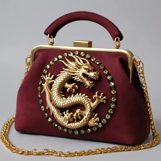 Prompt: handbag burgundy with brass dragon glue gems gold chain 
