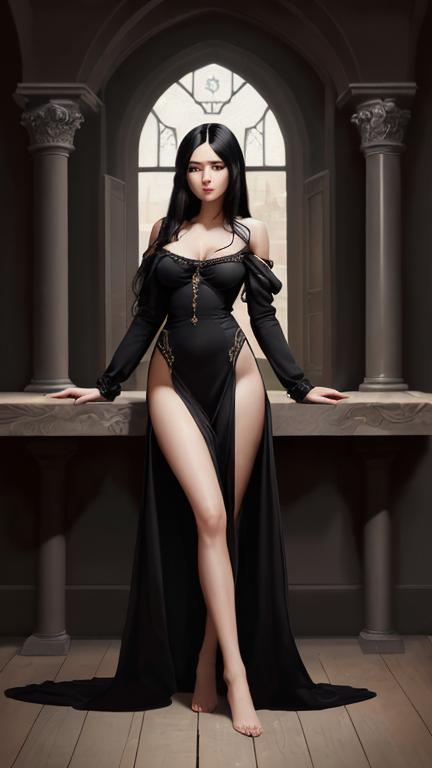 Prompt: 8k oil painting, a beautiful alluring woman with an airing charm around her. Long black hair, fair skin, well proportioned body, dress showing quite some skin. Full body. Background of a well lit room in a tower. Hyperdetailed.