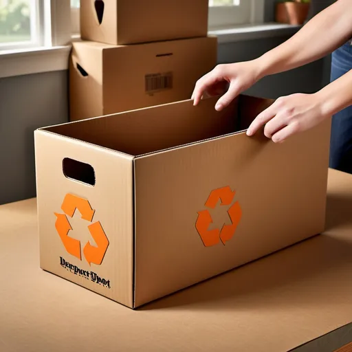 Prompt: Create a visual sequence showing the process of turning a standard cardboard box into a sustainable shopping container for Home Depot. Start with a plain cardboard box, then show a stage where two oval or rounded rectangular cutouts are made on opposite sides to serve as handles. Depict the finished product as a sturdy box with smooth, reinforced handle cutouts for easy carrying, displaying the Home Depot logo printed on the side. Place it in a retail environment to emphasize its role as a reusable alternative to single-use plastic bags. Use a clean, minimal background to focus on the box and ensure the steps are clear."

This prompt will guide the AI to produce a clear, step-by-step image of the process and the final product.