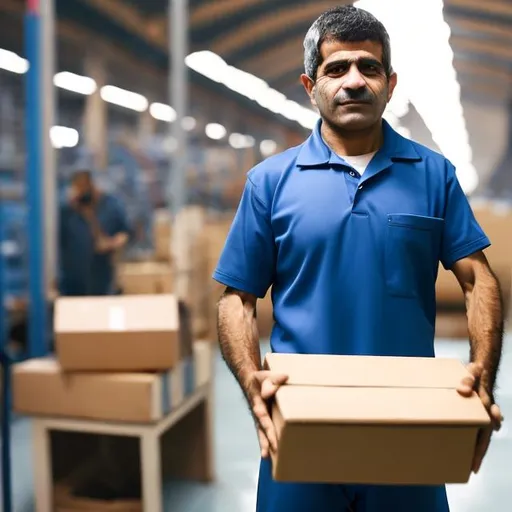 Prompt: a 45 years old persian worker in a work suit lifting a box in front of his chest in a factory