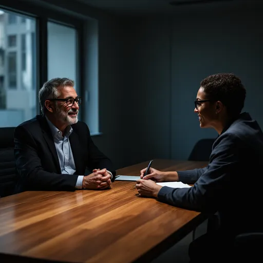 Prompt: in an interview session. two interviewers are conducting interview of a male  interviewee