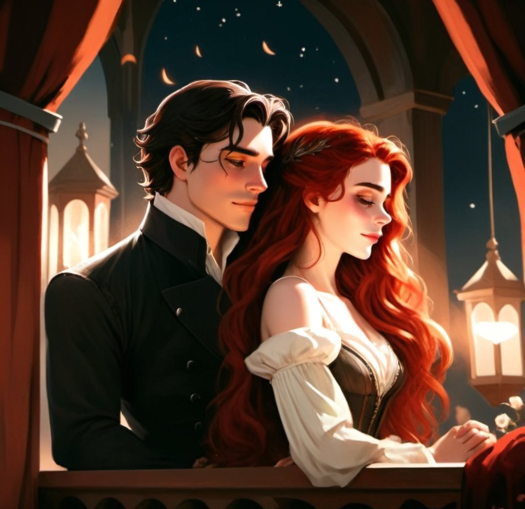 Prompt: A prince with black hair and a young woman with long red hair. They are in love. They are standing close in his castle on a balcony under the stars 