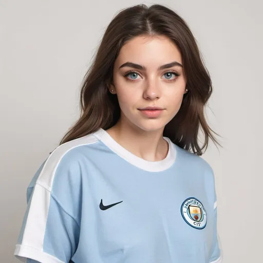 Prompt: Generate an image of a woman 
Age - 24
Hair color - brunette 
Eye colour - blue 
Posing for a photo 
Realistic 
Wearing a manchester city top with baggy jeans 
And white sneakers 
