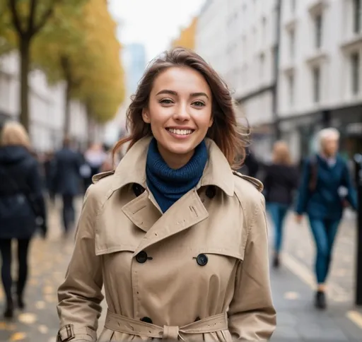 Prompt: A woman who is happy.
Photo is taken as she is walking by the city and turns around to take a picture 
Autumn season 
In the city of London.
Wearing winter clothes especially a trench coat  