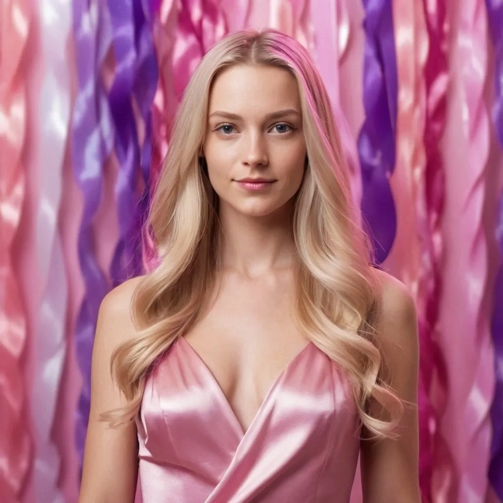 Prompt: 

"Generate a high-quality photo of a woman with long blonde hair wearing a pink satin dress, standing in front of shimmering pink and purple streamers, with a calm and composed expression."