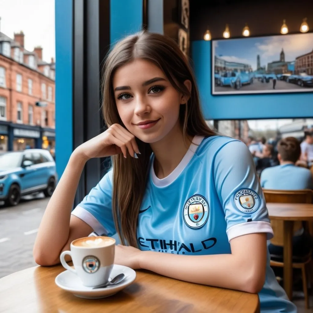 Prompt:  A manchester city fan girl 
Posing for a photo in a cafe 
Photo realistic 
