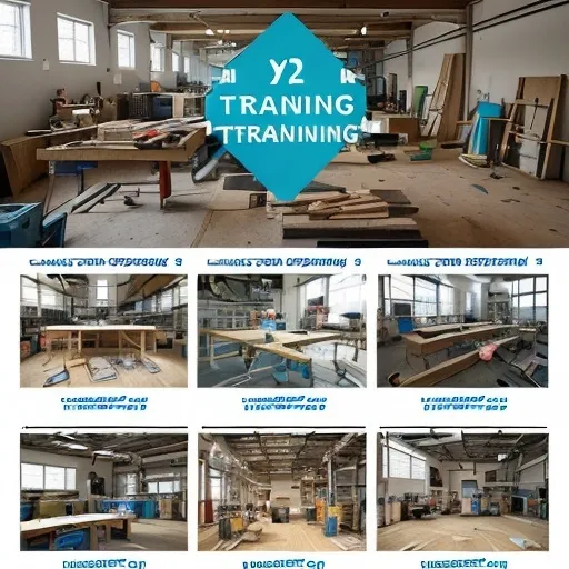 Prompt: Design a modern and professional cover page for the annual planning document of a Carpentry Training Course for the year 2025. The cover should have a clean, visually appealing, and contemporary style.

The background should feature a blurred or semi-transparent image of a carpentry workshop, showing tools, wood planks, and workbenches to convey a hands-on working environment.

Overlay a white frame or light-colored area where the main text content will be placed.

In the top left corner, place the colorful logo with the characters “e”, “t”, “4”, and “1” in magenta, orange, green, and blue (provided as an image).

Below the logo or centered on the cover, include the following text:
"Annual Planning - Carpentry Training Course - Year 2025"
using a modern, sans-serif font.

Use a subtle color palette that complements the tones of the logo and the carpentry background.

The layout should balance the visual prominence of the logo, text, and background image without appearing cluttered.