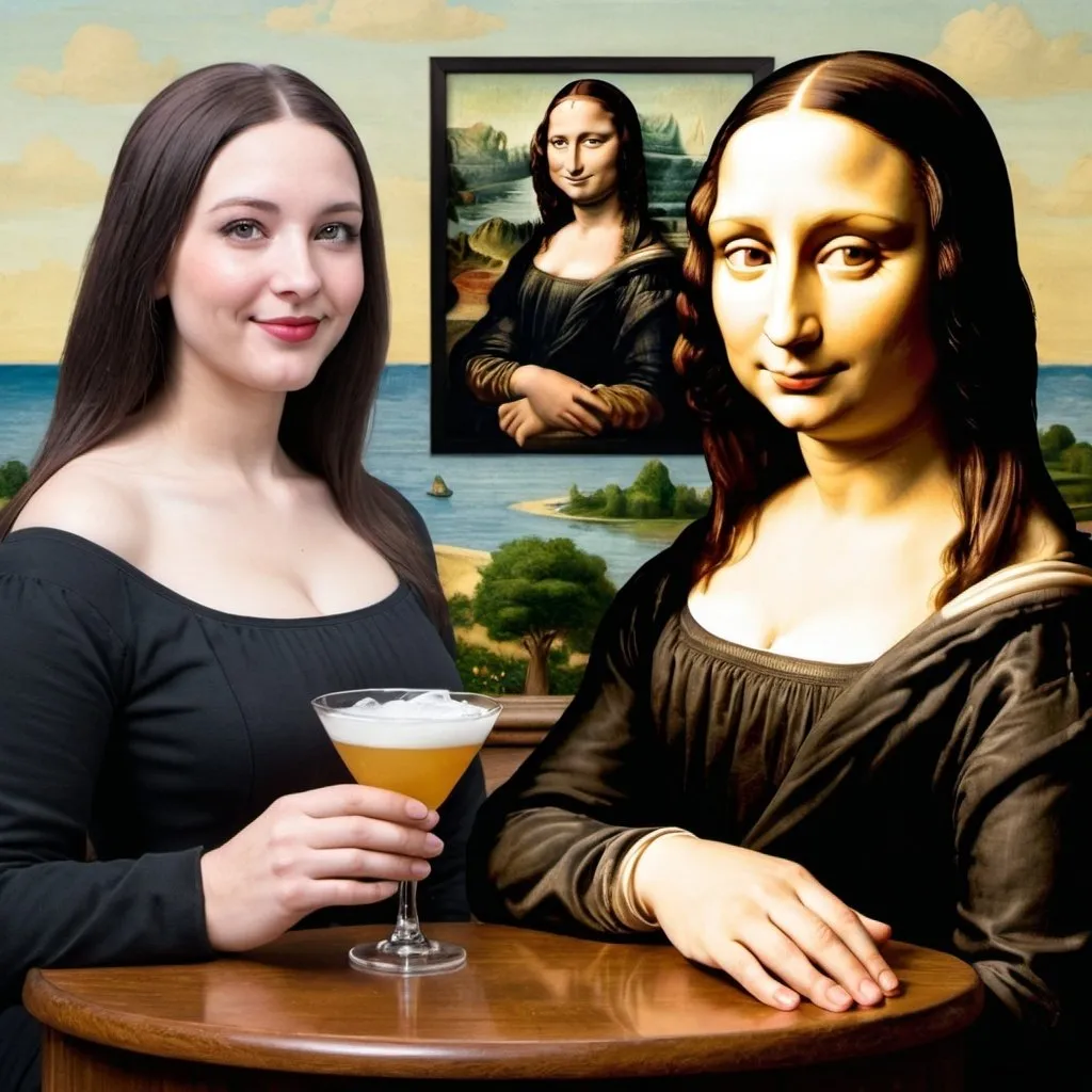 Prompt: Colonial sanders having drinks with the Mona Lisa 


