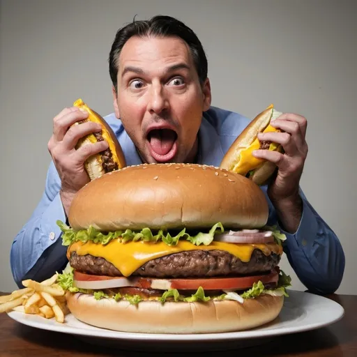 Prompt: A man eating a giant cheeseburger

