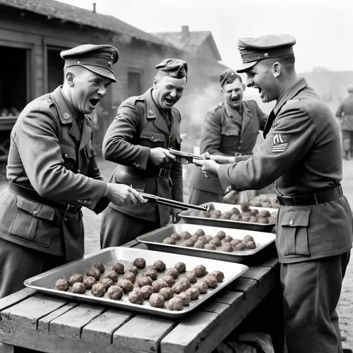 Prompt: World war 2 soldiers shooting meatballs

