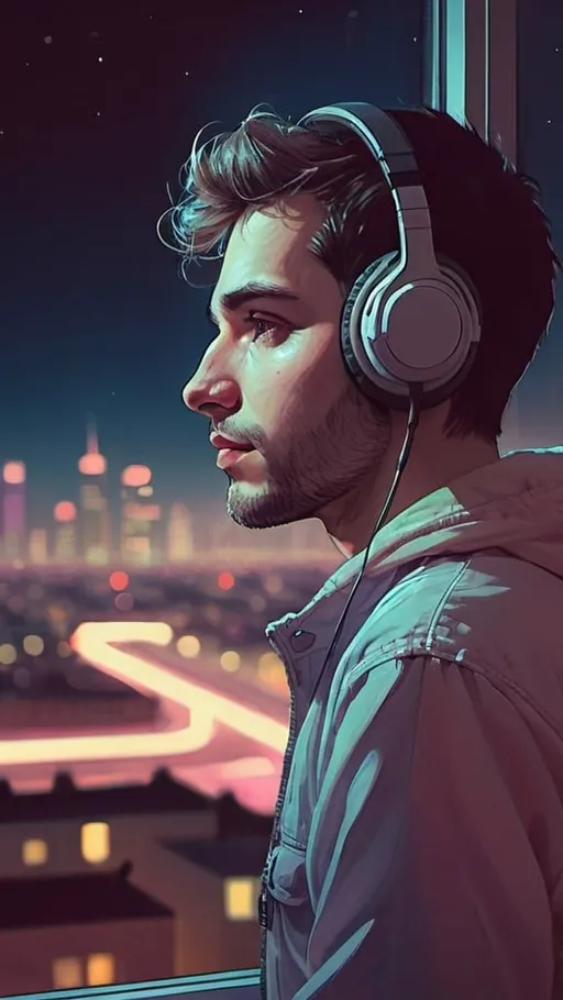 Prompt: portrait of a guy with headsets looking out the window into the night time city. soft hues and calming effect