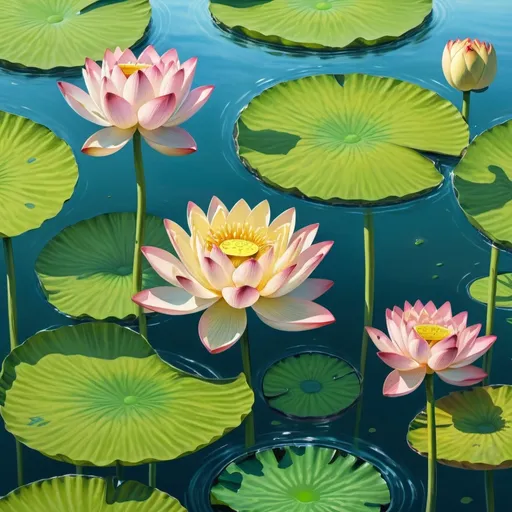 Prompt: Create a drawing of lotus and water lily in a pond
